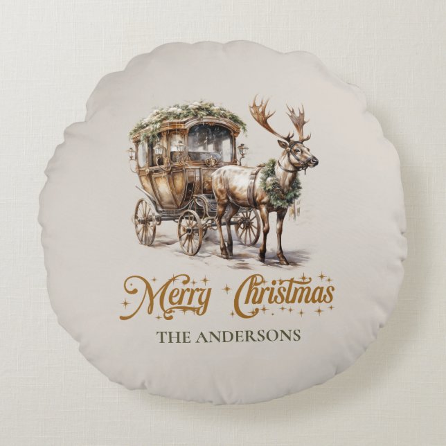 Neutralt örtton grönt och guld renar rund kudde (Framsidan)