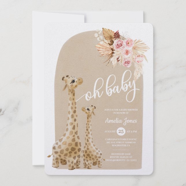 Neutralt Pampas Grass Giraffe Baby Shower Invati Inbjudningar (Framsida)