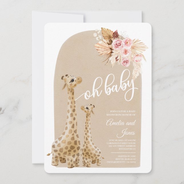 Neutralt Pampas Grass Giraffe Baby Shower Invati Inbjudningar (Framsida)