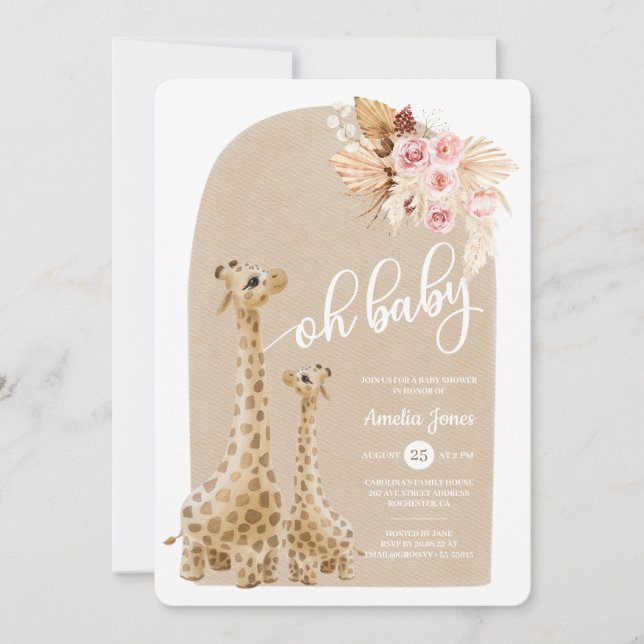 Neutralt Pampas Grass Giraffe Baby Shower Invati Inbjudningar (Framsida)