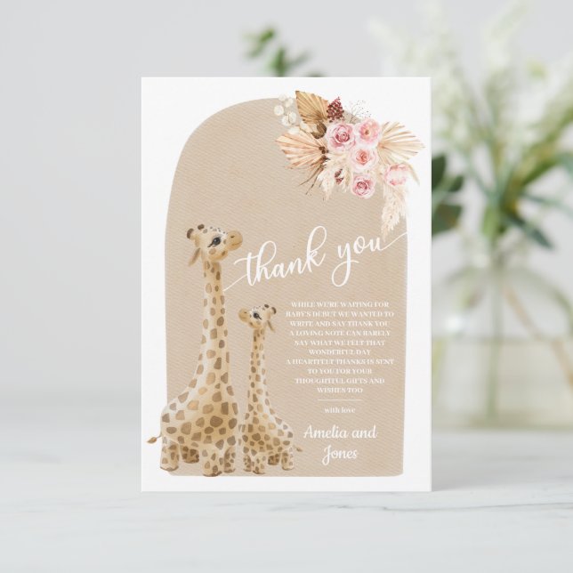 Neutralt Pampas Grass Giraffe Baby Shower Tack Kort (Stående Fram)