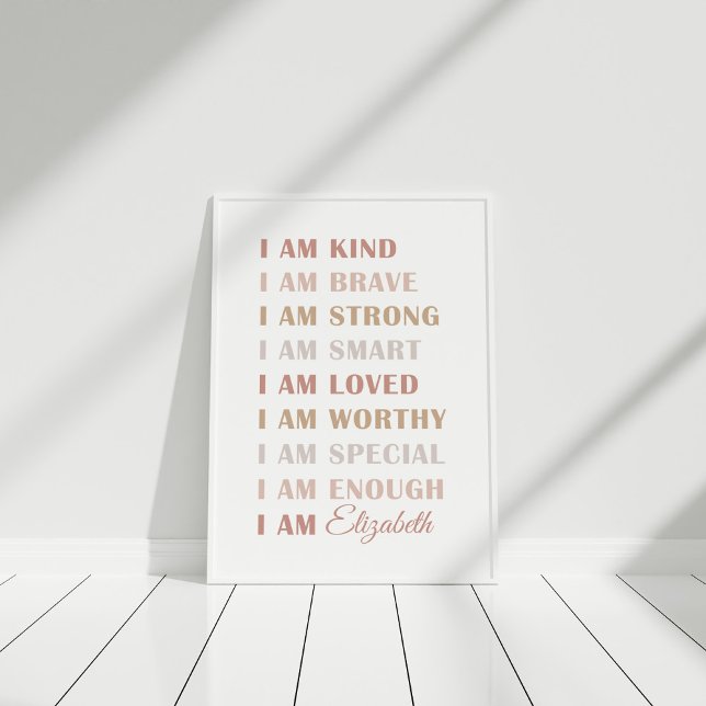 Neutralt personligt bekräftelseaffisch för barn poster (Custom name affirmation poster for girls in white frame)