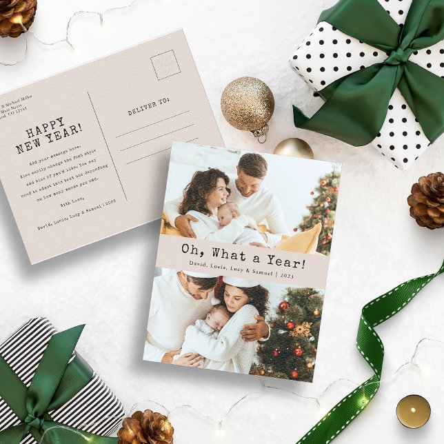 Neutralt Photo Helgdag-vykort Vykort (Oh, What a Year Christmas Holiday Tan and Black Postcard)