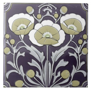 Neutralt Poppies Poppy Flower Art nouveau Deco Fol Kakelplatta