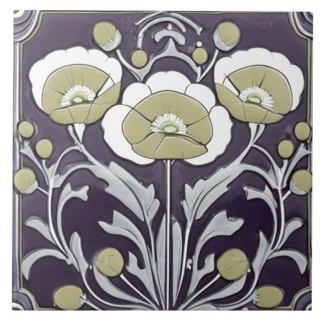 Neutralt Poppies Poppy Flower Art nouveau Deco Fol Kakelplatta (Framsidan)