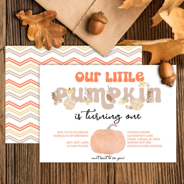 Neutralt Pumpkin First Birthday Inbjudan (Gender neutral pumpkin fall birthday party invitation)