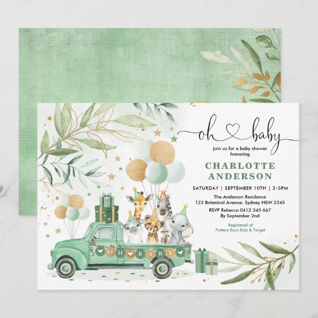 Neutralt Safari Animals Greenery Guld Baby Shower Inbjudningar (Fram/baksida)