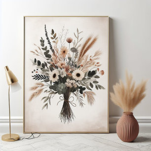 Neutralt Scandinavian Blommigt Bouquet Art Mönster Poster