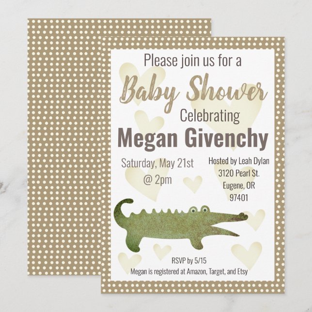 Neutralt Sepia Alligator Baby Shower-inbjudan Inbjudningar (Fram/baksida)