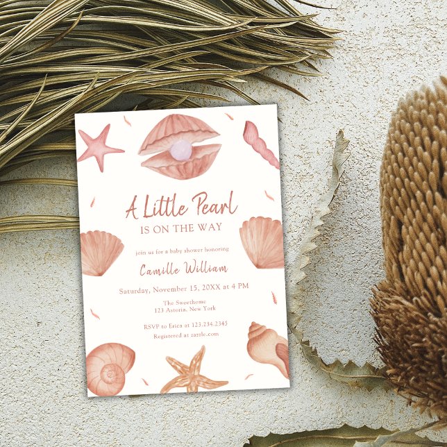 Neutralt Sommarskal Pearl Baby Shower Inbjudningar (Neutral Summer Ocean Seashell Pearl Baby Shower Invitation)