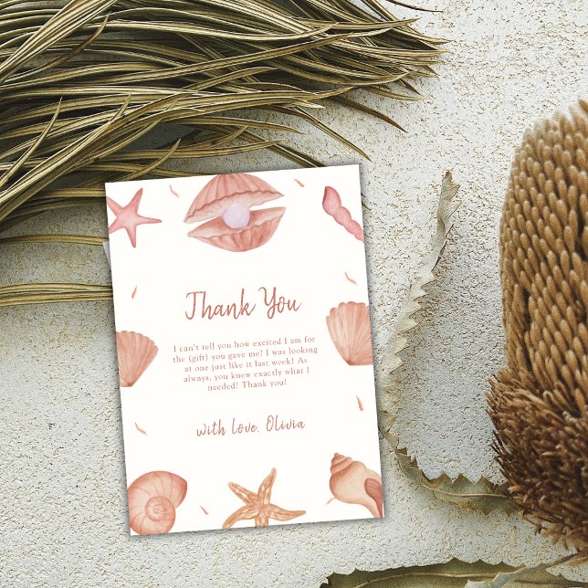 Neutralt Sommarskal Pearl Baby Shower Tack Kort (Neutral Summer Ocean Seashell Pearl Baby Shower Thank You Card)