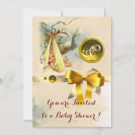 NEUTRALT STORK BABY SHOWER GULT GEMSTONE MONOGRAM INBJUDNINGAR