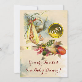 NEUTRALT STORK BABY SHOWER GULT GEMSTONE MONOGRAM INBJUDNINGAR