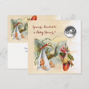 NEUTRALT STORK BABY SHOWER WHITE GEMSTONE MONOGRAM INBJUDNINGAR