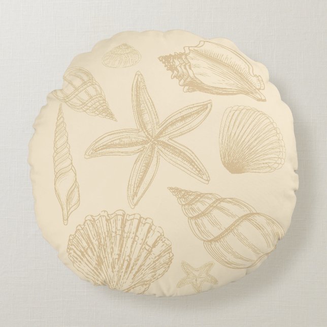 Neutralt Tan Beige Seashell Snäckas Beach House Rund Kudde (Framsidan)