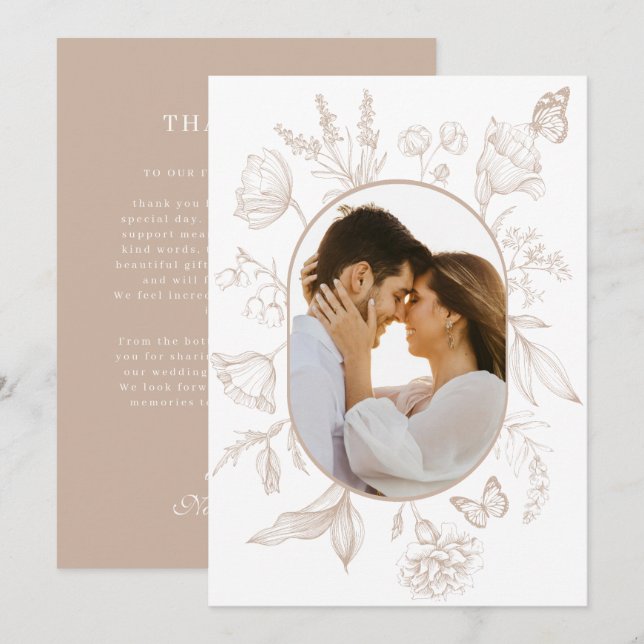 Neutralt Tan Blommigt Line Art Blommigt Butterfly  Tack Kort (Fram/baksida)