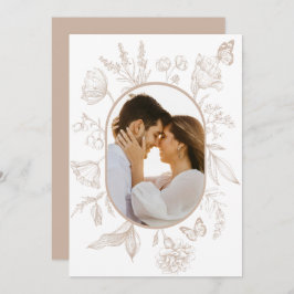 Neutralt Tan Blommigt Line Art Blommigt Butterfly  Tack Kort