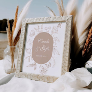 Neutralt Tan Blommigt Line Art Cards och GPS Poster