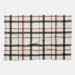 Neutralt tartan vitt svart och rött kökshandduk