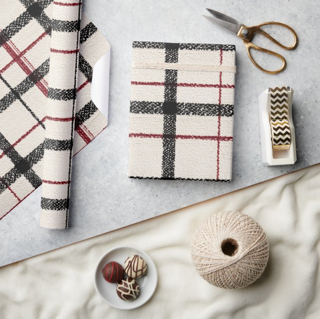 Neutralt tartan vitt svart och rött presentpapper (Hantverk)