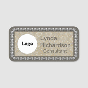Neutralt Taupe Beige och Silver Bling NAMN BRICKA Namnbricka