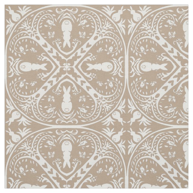 Neutralt Taupe White Bunny Rabbit Medallion Design Tyg (Provkarta)