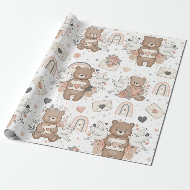 Neutralt Teddybjörn Bebis Shower Mönster Presentpapper (Utrullad)