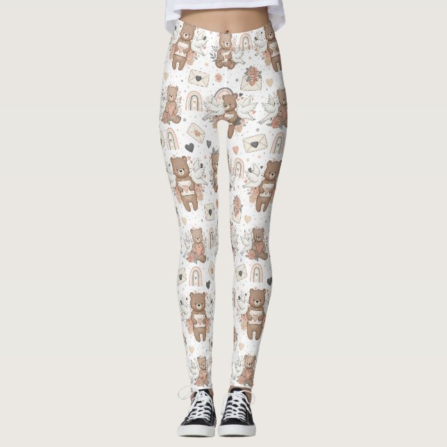 Neutralt Teddybjörn Bebisshower Mönster Leggings (Framsida)