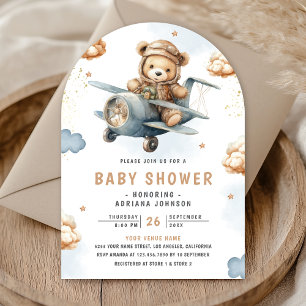 Neutralt teddybjörn Blått flygplan Båge Baby Showe Inbjudningar