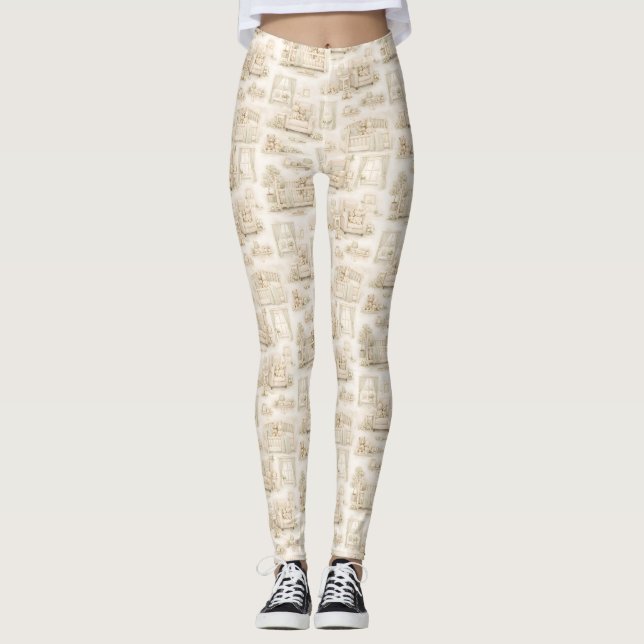 Neutralt Teddybjörn-rum i beige mönster Leggings (Framsida)