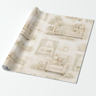 Neutralt teddybjörn-tema för barnkammare i beige m presentpapper