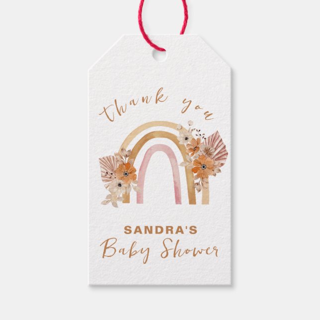 Neutralt Terracotta Boho Rainbow Blommigt Baby Sho Presentetikett (Framsidan)