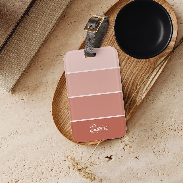 Neutralt Terracotta | Ombre Rand med skript Bagagebricka (A neutral terracotta striped luggage tag with your name in script)