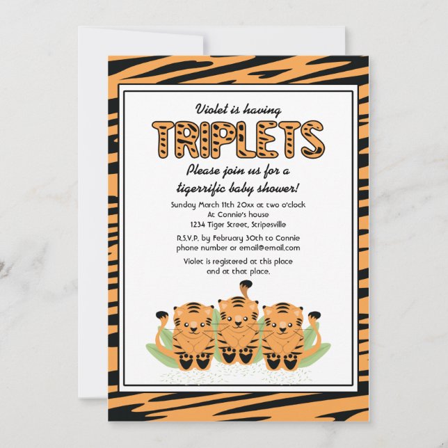 Neutralt Tiger Triplets Baby Shower-inbjudan Inbjudningar (Framsida)