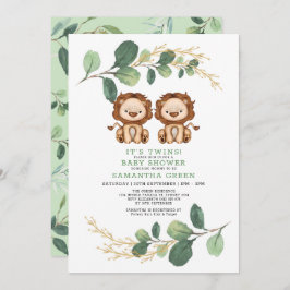 Neutralt Twin Lejon Grey Guld Jungle Baby Shower Inbjudningar