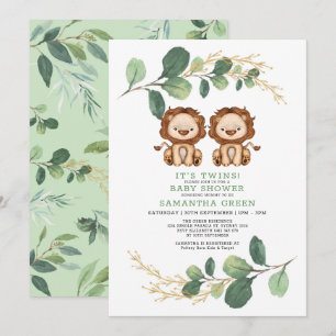 Neutralt Twin Lejon Grey Guld Jungle Baby Shower Inbjudningar