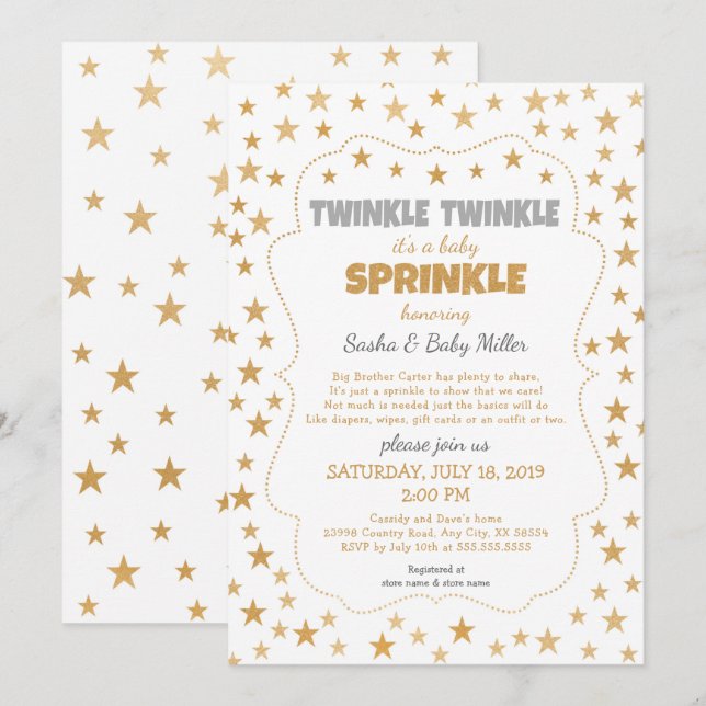 Neutralt Twinkle Baby Sprinkle guld star inbjudan (Fram/baksida)