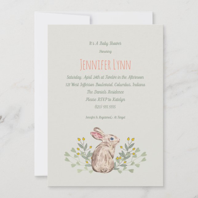 Neutralt Vår Woodland Bunny Baby Shower Inbjudan (Framsida)
