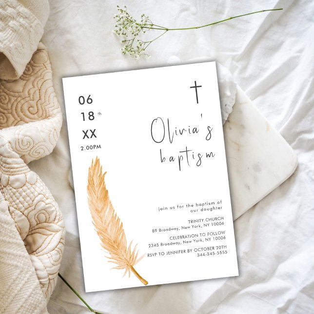 Neutralt Vattenfärg Feather Kor Baptism Inbjudningar (Neutral Watercolor Feather Cross Baptism Invitation)