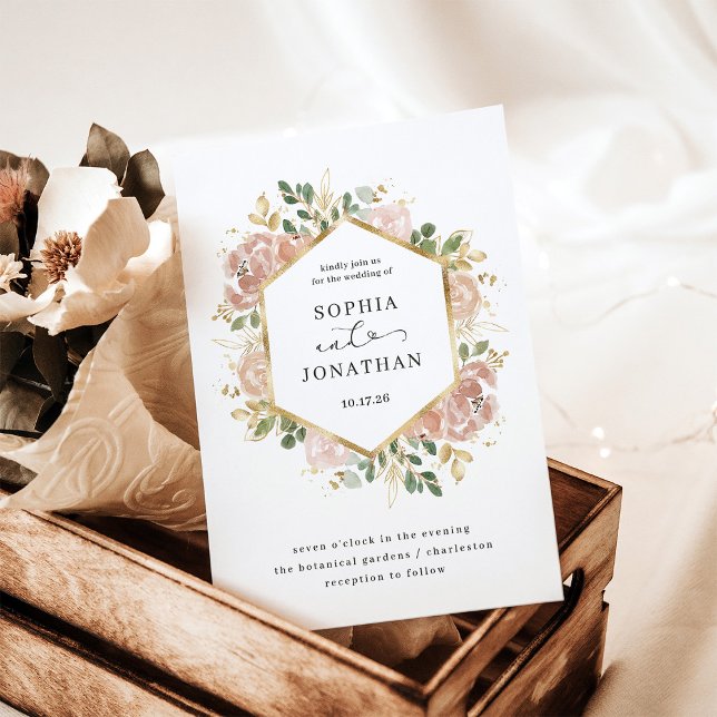 Neutralt Vit Blommigt för vattenfärg | BRÖLLOP Inbjudningar (An elegant, neutral floral wedding invitation with a faux gold look)