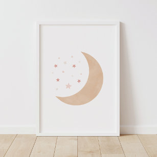 Neutralt Watercolor Måne och Stars Nursery Poster