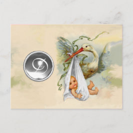 NEUTRALT WHITE STORK BABY SHOWER GEMSTONE MONOGRAM INBJUDAN VYKORT
