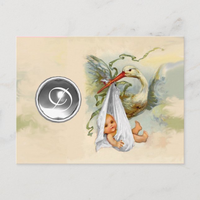 NEUTRALT WHITE STORK BABY SHOWER GEMSTONE MONOGRAM INBJUDAN VYKORT (Framsida)
