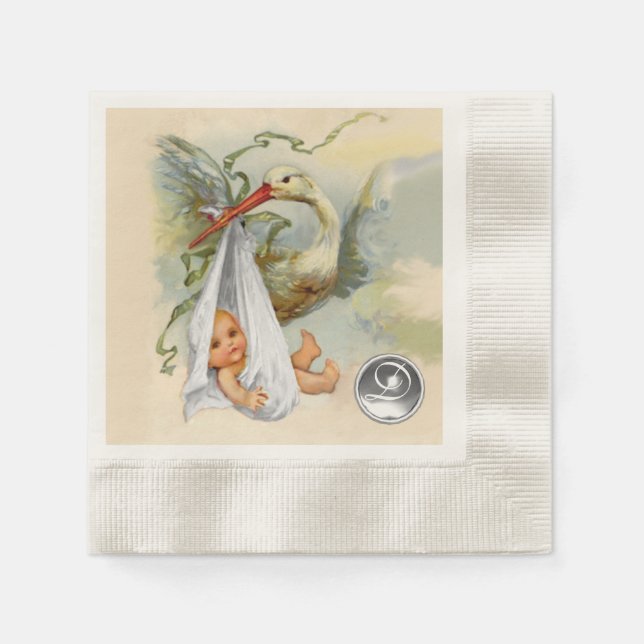NEUTRALT WHITE STORK BABY SHOWER GEMSTONE MONOGRAM PAPPERSSERVETT (Framsidan)