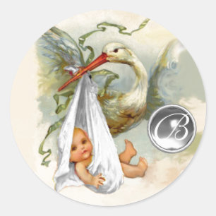NEUTRALT WHITE STORK BABY SHOWER GEMSTONE MONOGRAM RUNT KLISTERMÄRKE