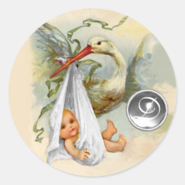 NEUTRALT WHITE STORK BABY SHOWER GEMSTONE MONOGRAM RUNT KLISTERMÄRKE