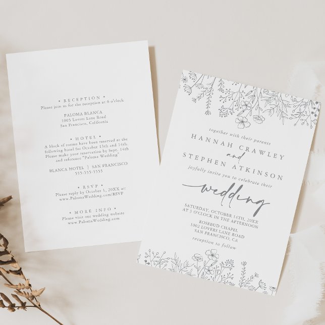 Neutralt Wildblomma Front & Back Bröllop Inbjudningar (Skapare uppladdad)