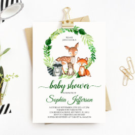 Neutralt Woodland Baby Shower Forest Animals Grönt Inbjudningar