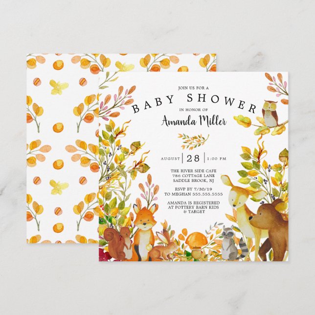 Neutralt Woodland Forest Animals Baby Shower Inbjudningar (Fram/baksida)