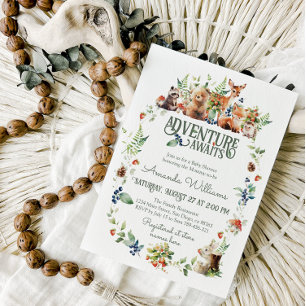 Neutralten Baby Shower för Äventyr Woodland Animal Inbjudningar